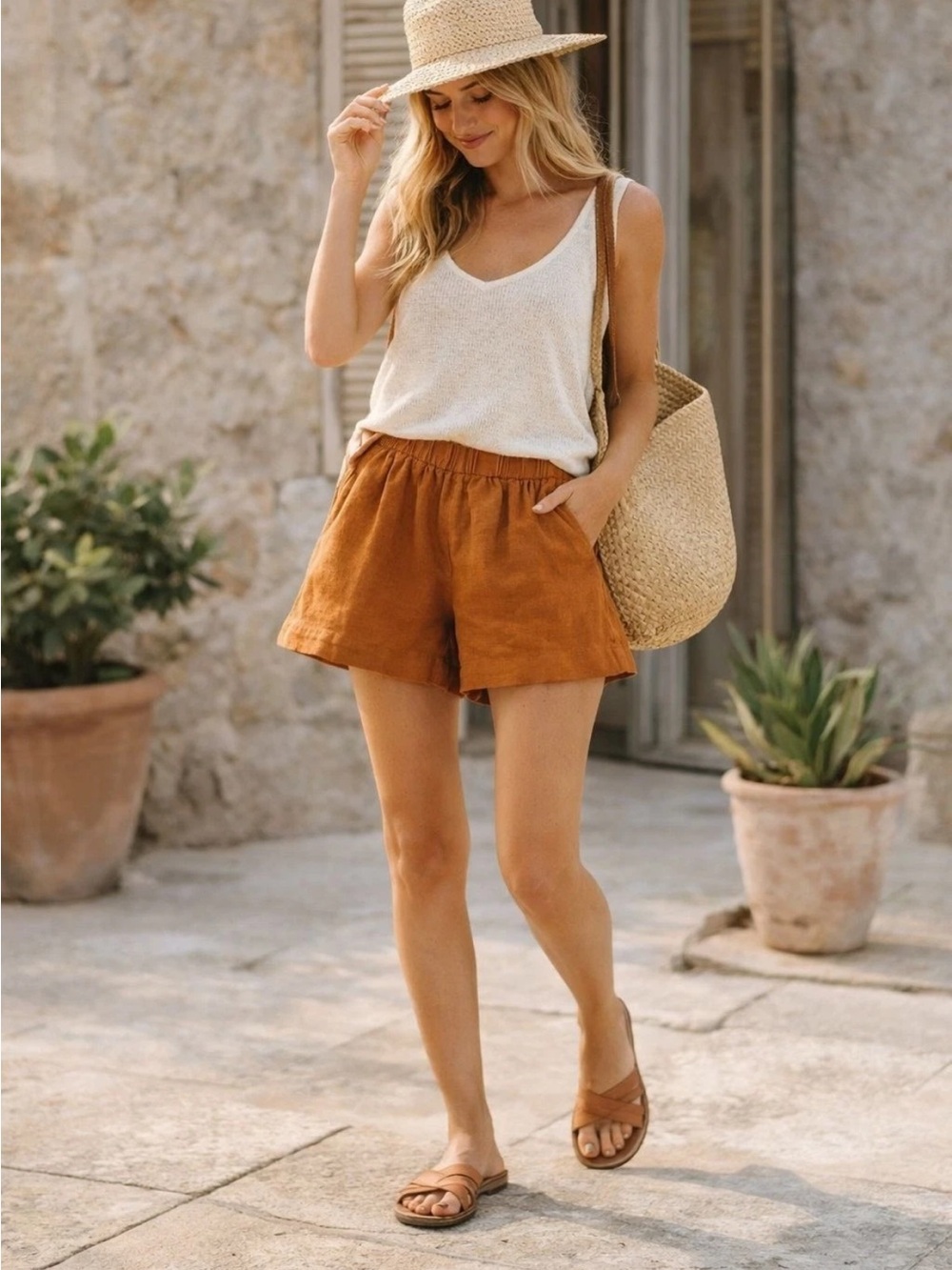 Everlane 100% Linen Shorts Womens Large Elastic Tan Rust Burnt Orange Pull On